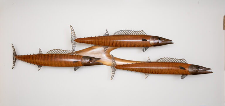 Curly redwood carved wahoo fish sculpture