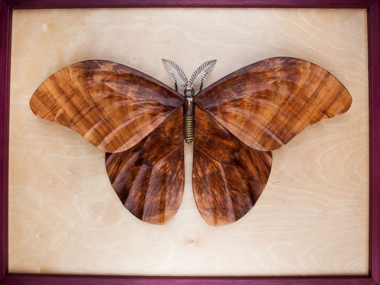 wood and bronze moth sculpture laguna beach