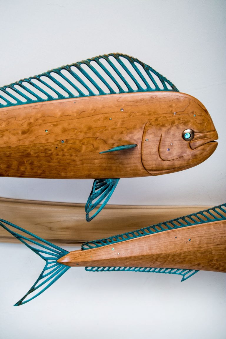 wood and bronze mahi-mahi sculpture