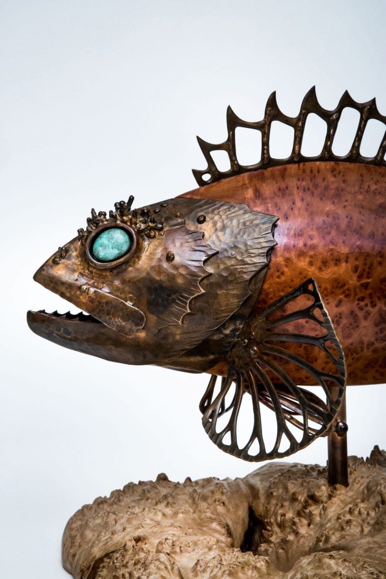 wood and bronze sculpin laguna beach