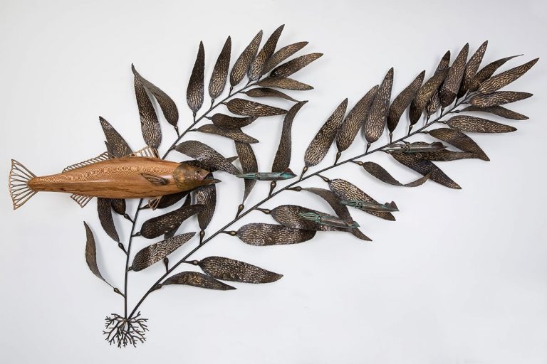 wood and bronze fish and kelp sculpture laguna beach