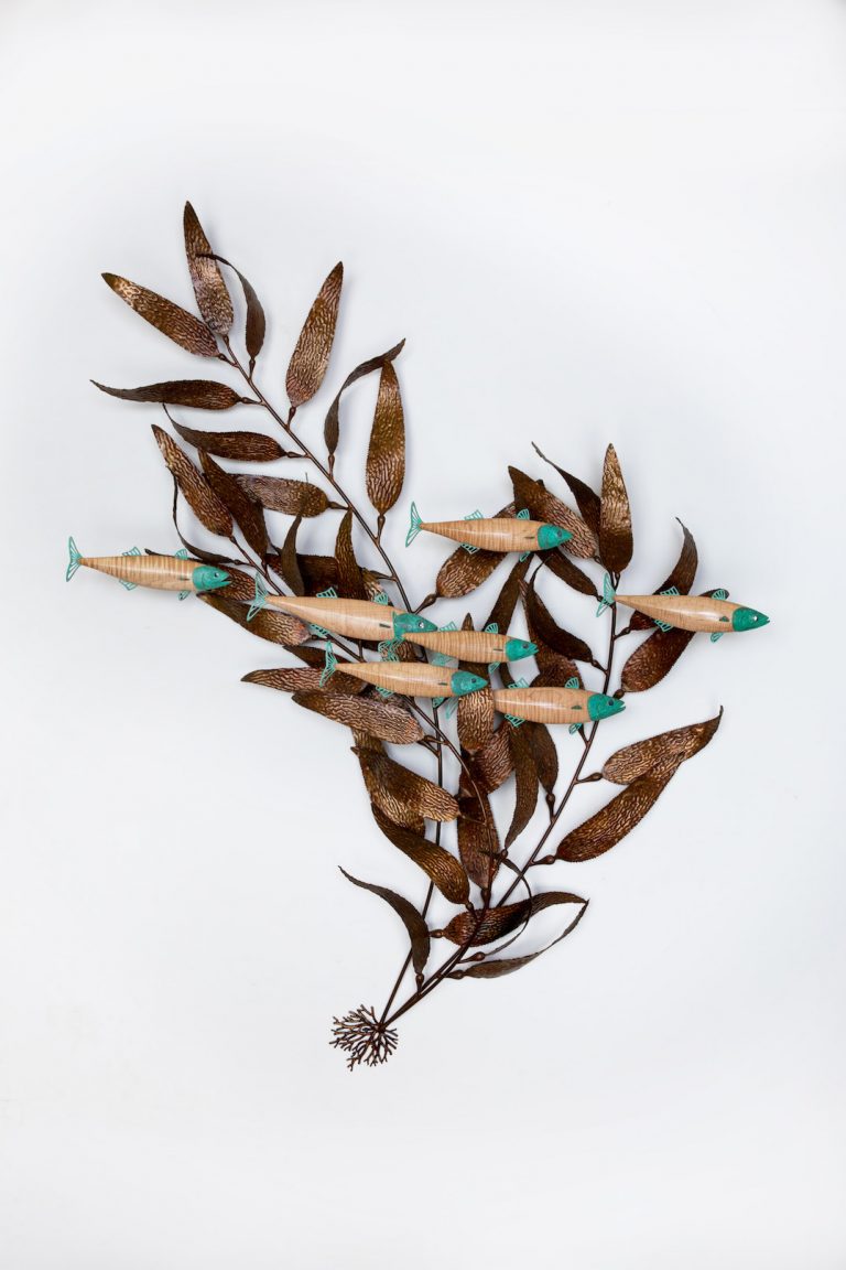 wood and bronze kelp sculpture