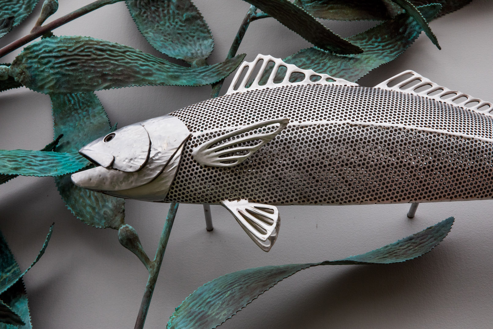 bronze kelp and stainless steel fish sculpture