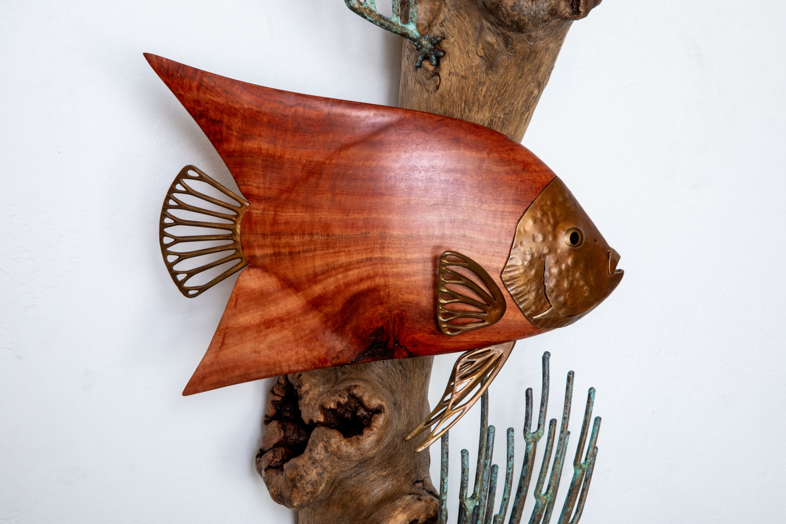 Carved eucalyptus and bronze angel fish