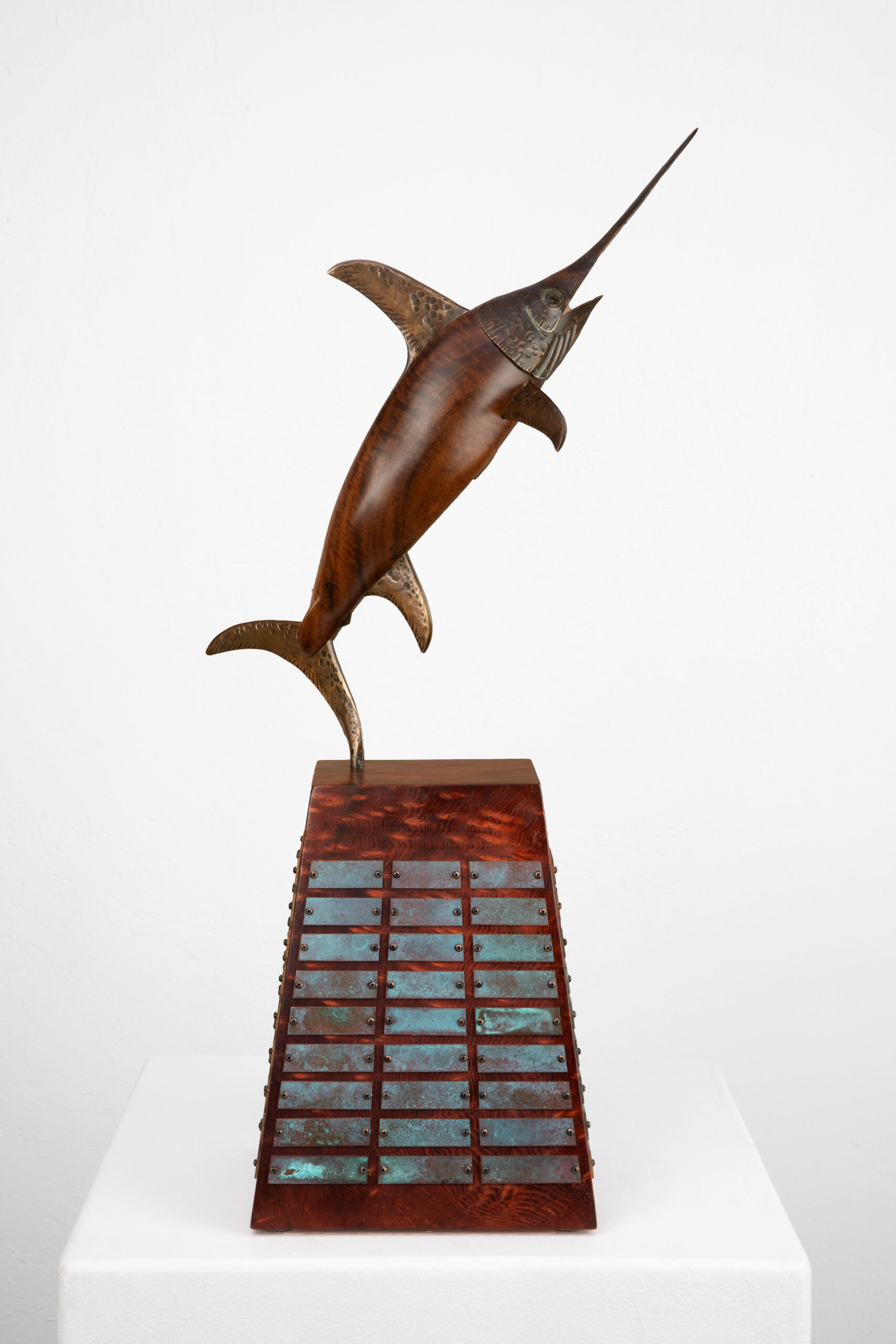 Carved walnut and bronze swordfish perpetual trophy for Tuna Club on Catalina Island