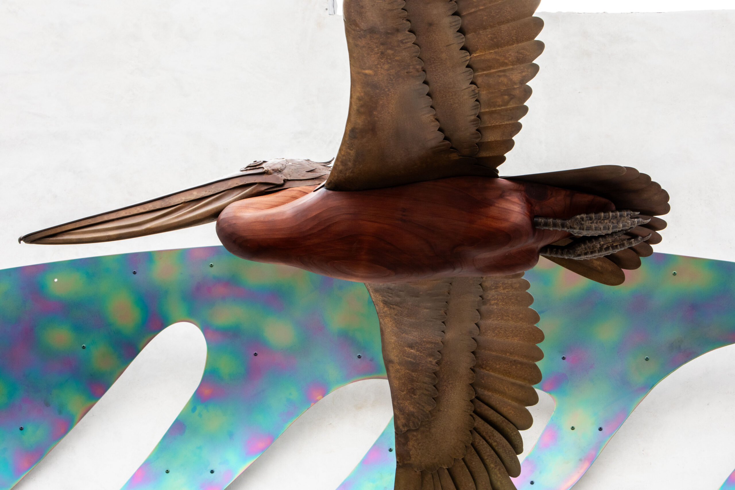 Redwood pelicans with bronze wings public art Laguna Beach