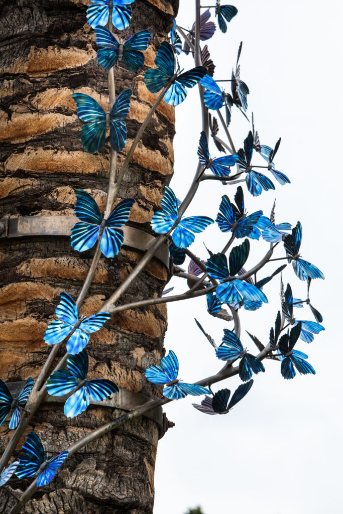 Blue titanium butterfly sculpture at the Santa Ana Zoo