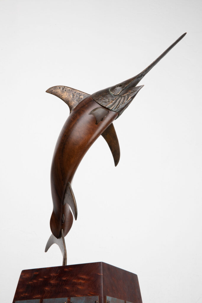 Carved walnut and bronze swordfish perpetual trophy for Tuna Club on Catalina Island